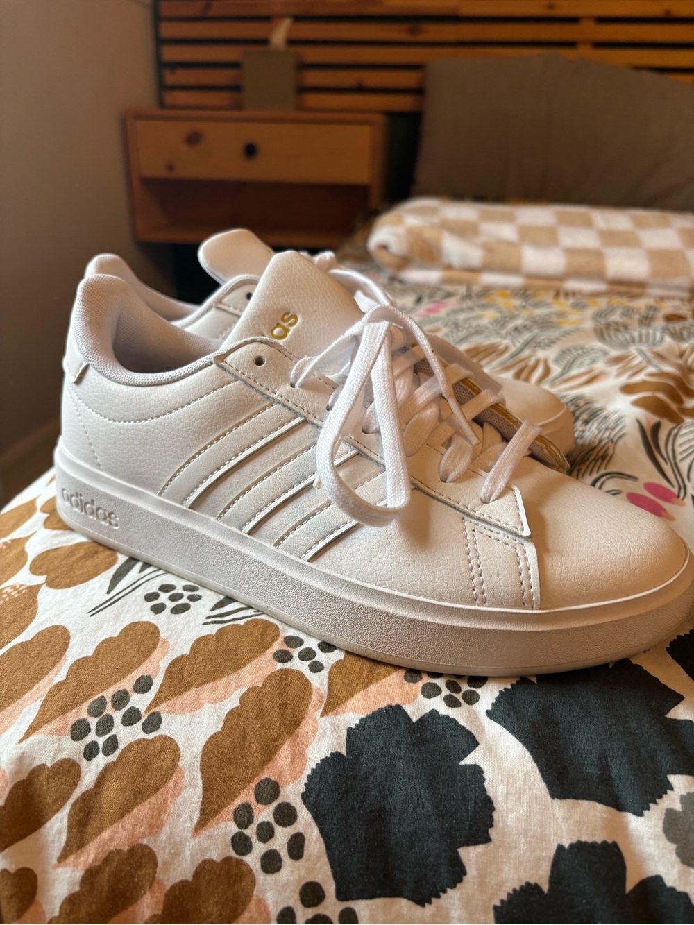 Adidas All White Grand Court Leather Sneakers with Gold Logo - Picture 4 of 5